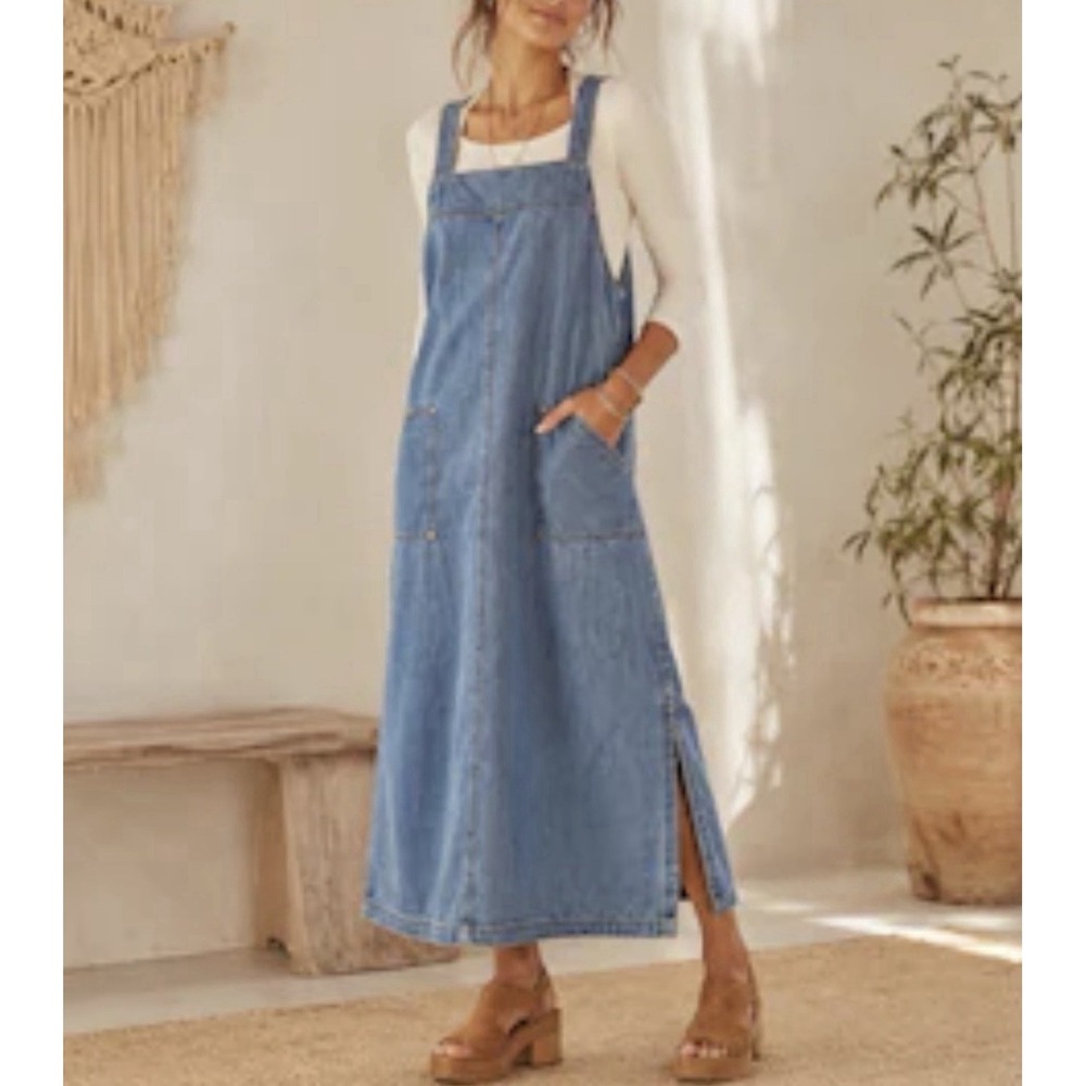 Vintage Studio Denim Jumper Dress S 90s Y2K Boho Pinafore Midi Maxi Pockets